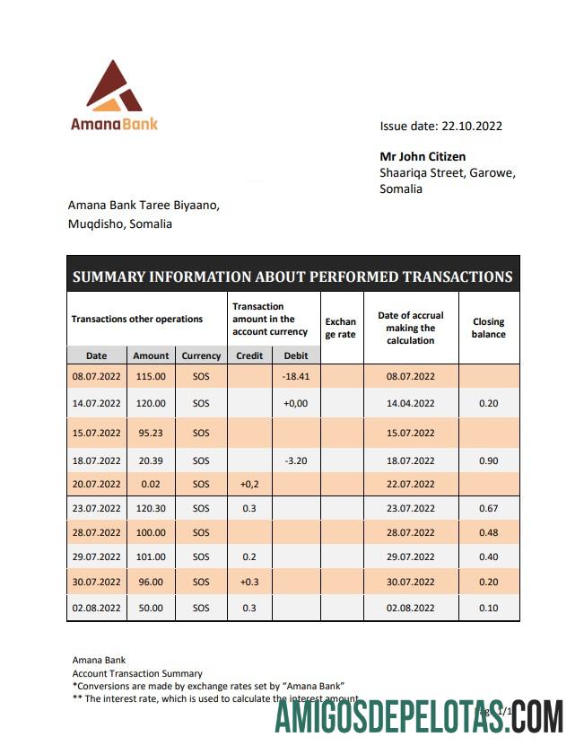 Somalia Amana extrato bancário amostra